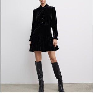 Zara Black Velvet Mini Ruffle Mini Flare Dress Size XS NEW WITH TAG!